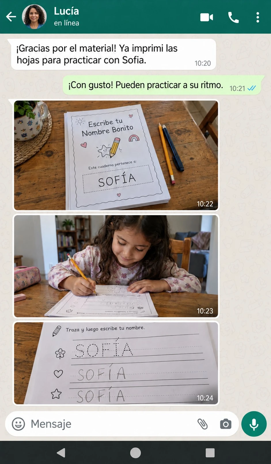 Conversación ficticia de Lucía, identificada como contenido generado con IA