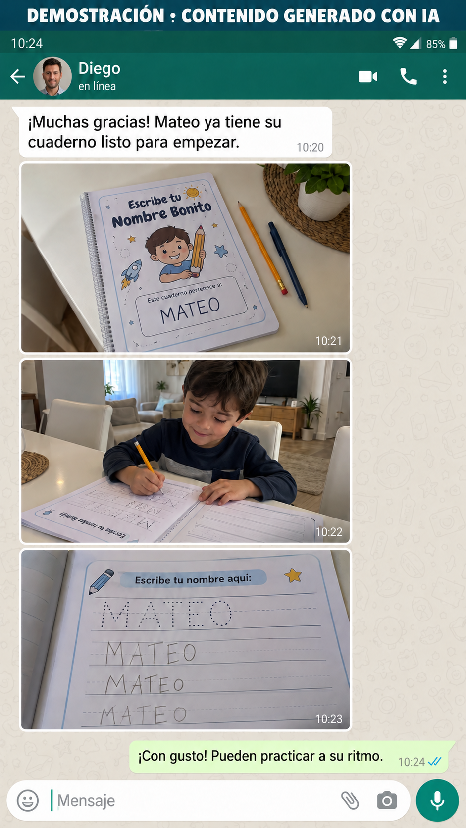 Conversación ficticia de Diego, identificada como contenido generado con IA