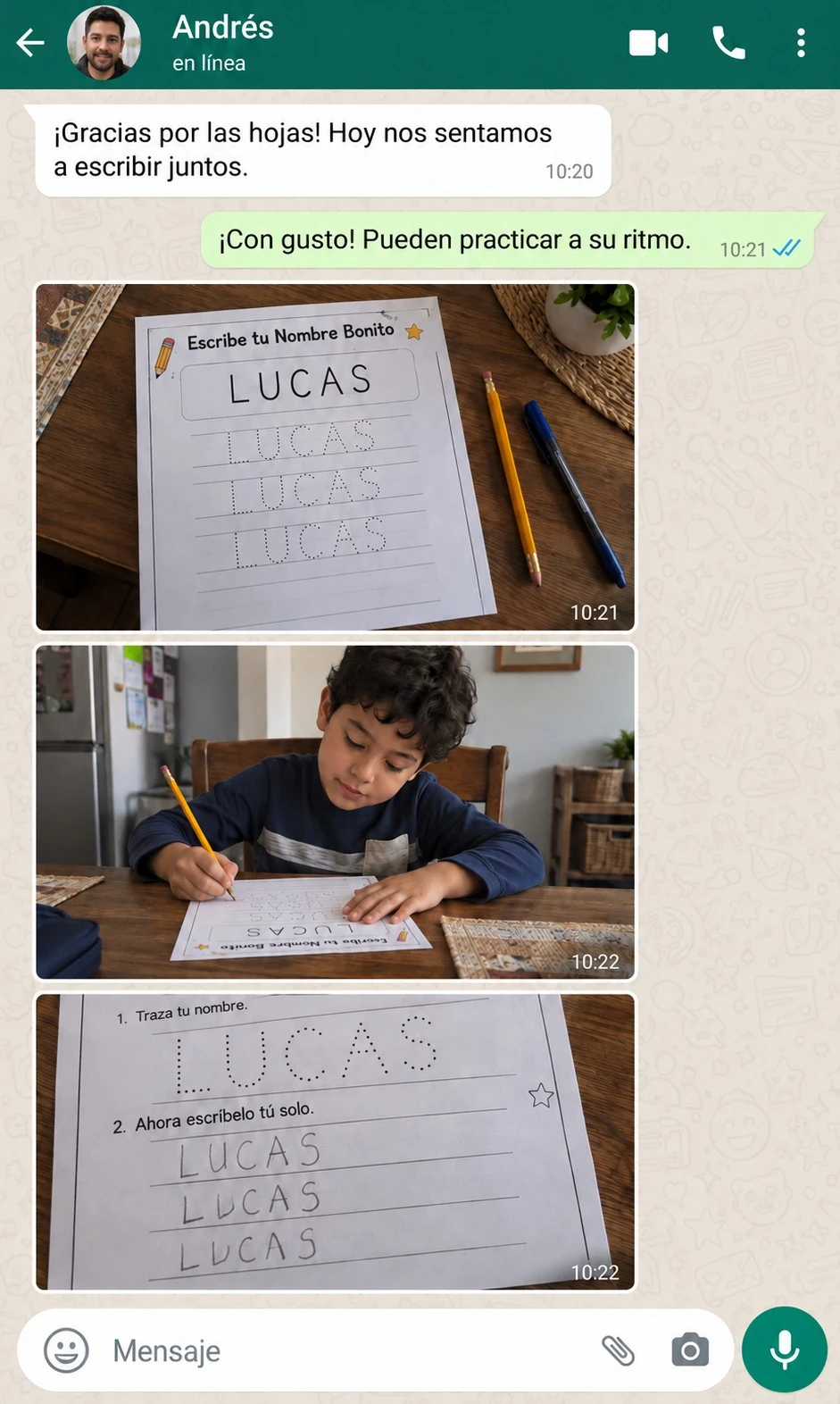 Conversación ficticia de Andrés, identificada como contenido generado con IA