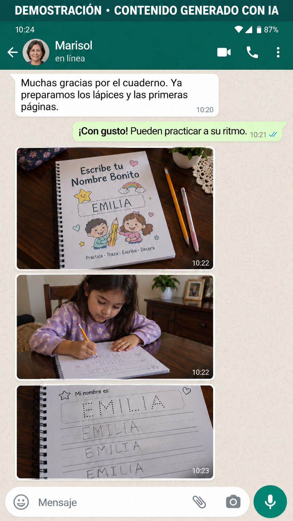 Conversación ficticia de Marisol, identificada como contenido generado con IA