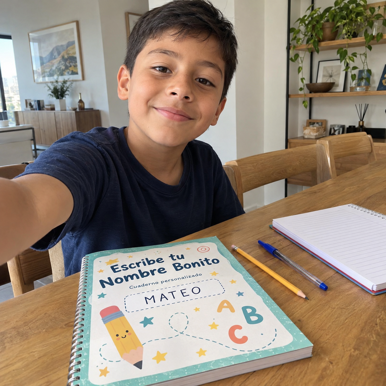 Escena ilustrativa con el cuaderno de Mateo